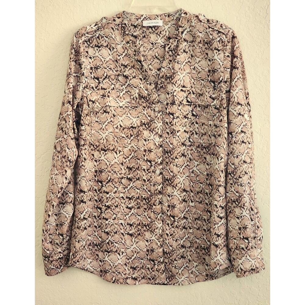 BLOUSE/TOP-CALVIN KLEIN-Tan-Black-White-Pullover-Long Sleeves With Tabs-SIZE SM